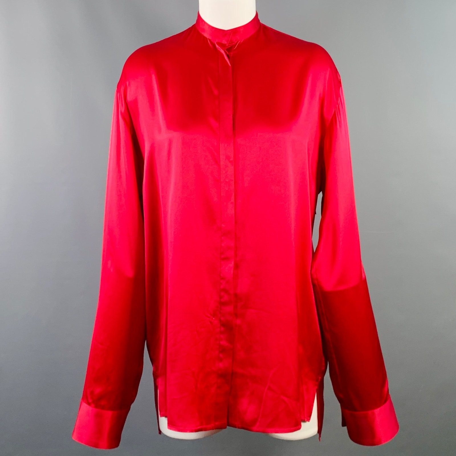 Haider Ackermann Size S Red Silk Satin Nehru Collar Hidden Buttons Shirt